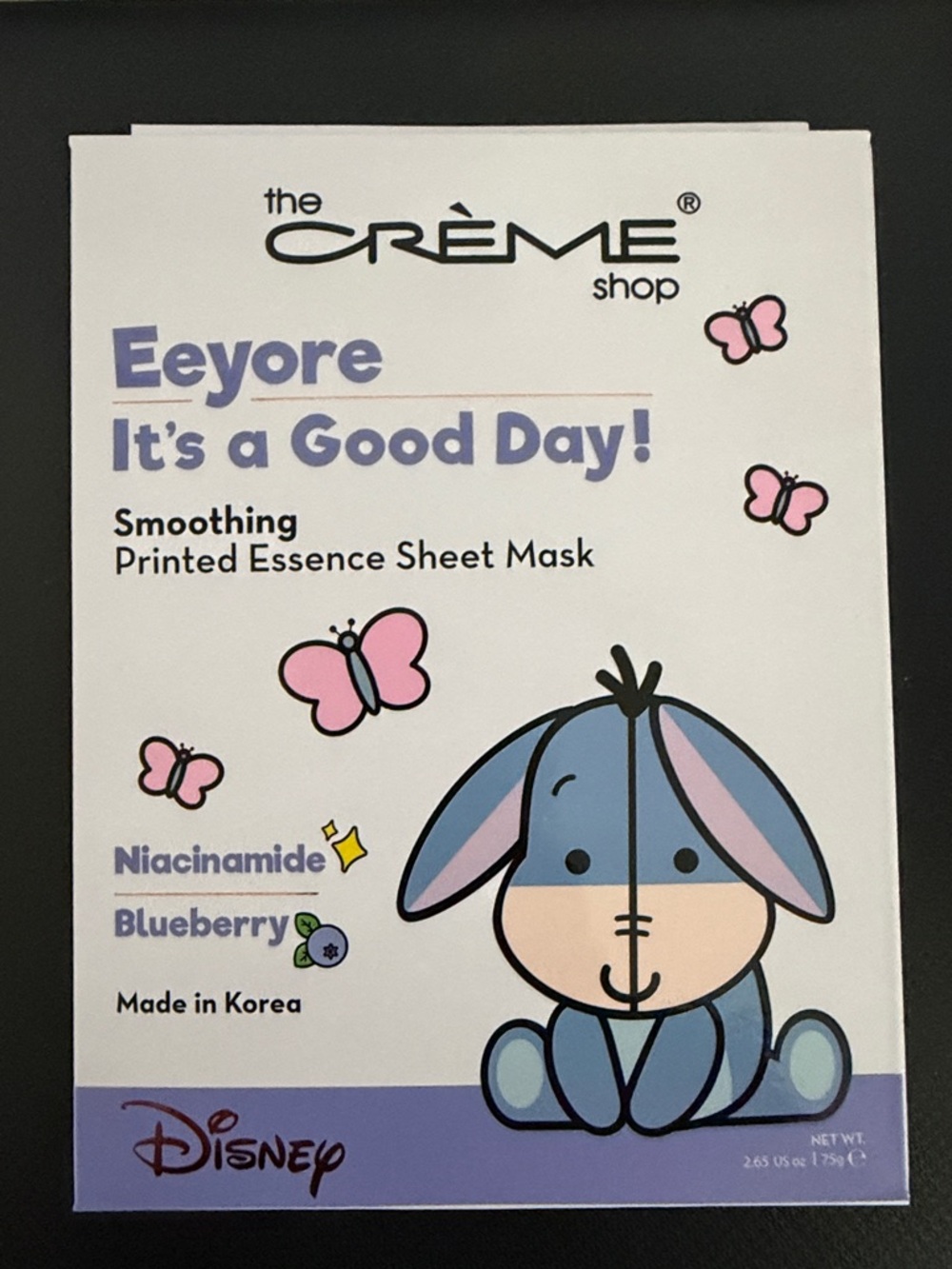 The Crème Shop Eeyore Blue Smoothing Printed Essence Sheet Mask. 3 in box.
